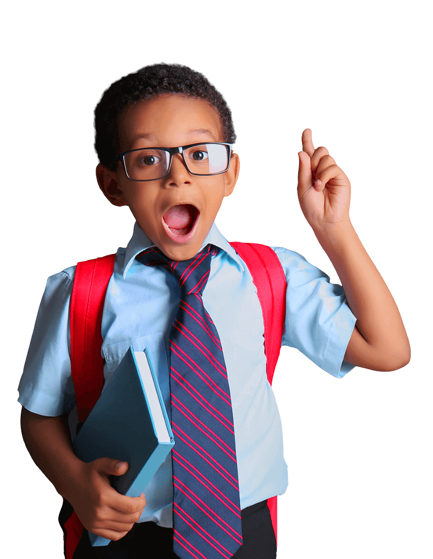 boy with glasses carrying a backpack pointing his finger upward